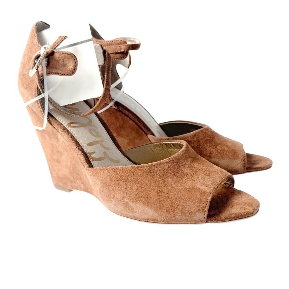 Sam Edelman Raven Wedge Sandal Suede Tan Brown Peep Toe Ankle Strap Size 7.5 NIB - Picture 9 of 10